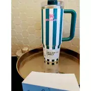 Stanley Emerald Cabana 30oz Green Stripe Pink Logo Pre-Release Quencher Tumbler