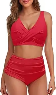 [Generic] High Waisted Two Piece Swimsuit-Womens Bikini Set Tummy Control Bathing Suit Modest Full Coverage Bikini 2025, Red, Medium