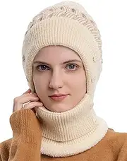 Women One-Piece Winter Warm Beanie Hats Fleece Lined Knit Cap Balaclavas Mask Set Skull Neck Scarf with Pompom