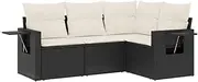 vidaXL Garden Sofa Set 4-Piece Modular Black Poly Rattan with Cream Cushions and Storage for Patio Terrace Outdoor Furniture Lounge
