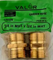 2 Pack- Valor 5401-2G Brass 3/4" MHT X 3/4" MHT Male Garden Hose Adapter