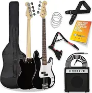 3rd Avenue Full Size 4/4 Electric Bass Guitar Beginner Pack Kit with 15W Amplifier, Bag, Cable, Strap, Stand and Spare Strings - Black