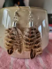 Pheasant Feather Earrings Handcrafted Rustic Montana