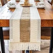Cotton Table Runner With Macrame Boho Crochet Lace and Tassels - Vintage Tablecloth for Tabletop Decor, Picnic, Party, Kitchen, Wedding