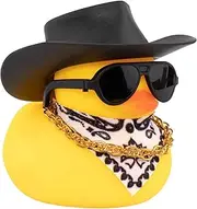wonuu Car Rubber Duck, Yellow Duck Decoration Dashboard with Sun Hat Necklace Sunglasses for Car Dashboard Decorations, C-Duck-Black Cowboy Hat-Scarf