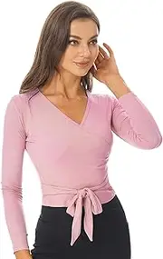[Yruioon] Women's Ballet Dance Crop Long Sleeve Blouse V Neck Front Cross-Back Lace-up Top Yoga Gym Shirts