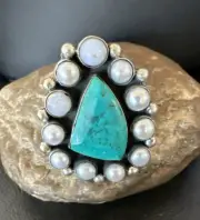 Blue Turquoise White Pearls Navajo Sterling Silver Cluster Ring Size 10.5 18398