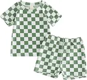 [Dewadbow] Toddler Boy Two Piece Swimsuit Checkered Short Sleeve top Trunk Rashguard Swimwear Boy Sun Protection Beach Clothing