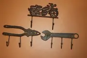 (6) Two Sets of Motorcycle & Rustic Tools Cast Iron Wall Hooks, High Rider