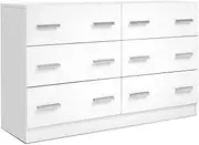 6 Drawers Dresser, White Chest of Drawers, Wide Wood Double Dressers, Modern Farmhouse Storage Dresser for Living Room, Entryway, Hallway, 6 Chest of Drawers, White