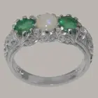 10k White Gold Natural Opal & Emerald Womens Trilogy Ring