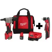 Milwaukee Power Tool Rivet Tool Kit 12-Volt Li-Ion Cordless w/ Right Angle Drill