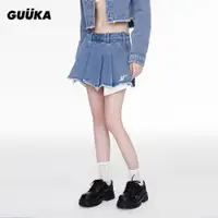 在飛比找ETMall東森購物網優惠-GUUKA水洗藍色毛邊高腰百褶裙