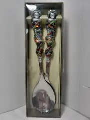 Wild Eye Designs Spoon & Fork Salad Serving Set Stainless with Stone Accents NIB