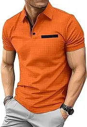 [VgueElegc] Men's Trendy Lapel Buttons Shirt Cotton Muscle T-Shirt with Button Relaxed Short Sleeve T-Shirts for Men, Orange, XX-Large