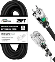 UL Listed 10 Gauge 25FT Power Extension Cord with Lighted End for Outdoor Safety