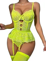 [Generic] Women Sexy Lingerie Set with Belt and Stocking Lace Underwire Bodysuit Snap Crotch Design
