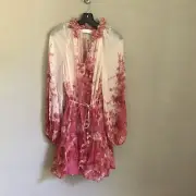 Zimmermann High Tide Semi Sheer Lantern Sleeve Mini Dress 2 AU Pink Ikat Floral