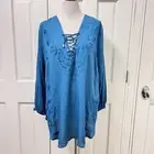 NEW Roaman's 3X (22) Blouse Teal Blue VNeck Embroidered Long Sleeve Peasant Boho