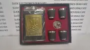 UKRAINIAN TRIDENT TRYZUB STAINLESS STEEL FLASK (9 OZ) 4 SHOT GLASSES GIFT SET