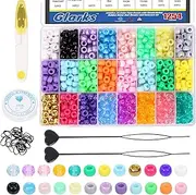 Glarks 1254Pcs 24 Color Pony Beads Kit With Elastic String, Rubber Band, Quick Beader and Scissors - Solid Pearlescent Transparent Matte Rainbow Hair Beads for Braids Bracelet Making Craft