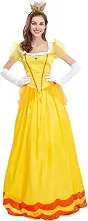 Women’s Princess Peach Costume Super Mario Daisy Princess Dress with Crown Halloween Cosplay Carnival Party Fancy Dress Up