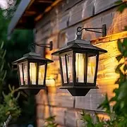 2 Pack Hanging Solar Lantern, Aluminum Outdoor Hanging Solar Lights with 4 Solar Panels, Dusk to Dawn Led Outdoor Solar Lanterns, Anti-Rust Waterproof Solar Wall Lanterns with Hooks, 3000K Warm White