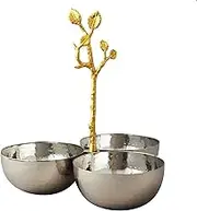 Elegance Golden Vine Hammered Triple Bowl, 8.25", Silver/Gold
