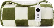 [Dreamaker] Checkered Plush Fleece Electric Heated Throw Blanket 160x130cm Warm Sherpa Fleece Reversible Rug Energy Efficient Overheat Protection 9 Heat Setting Extra Long Cord Controller- Olive & Cream