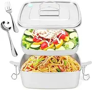 1.5L Stainless Steel Bento Box Lunch Box - Double Layer Microwave-Safe Food Storage Container with Air Vent Includes Stainless Steel Spoon & Fork - Durable, Leak-Proof, Metal Meal Prep Container