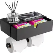 Elegant Black Toilet Paper Holder with Shelf & Tampon Storage, Stainless Steel