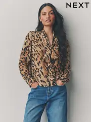 Leopard Print Tie Neck Drape Blouse (E52878) | $44