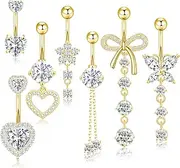 [WINSENET] 14G Belly Button Ring Dangle Belly Button Piercing Surgical Stainless Steel Belly Rings Cute CZ Heart Butterfly Flower Dangling Belly Piercing Jewelry for Women 7Pcs