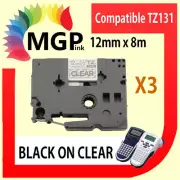 3X TZ131 P-touch Labelling Tape 12mm for Brother PT-1290 PT-1400 Black-ON-Clear