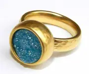 Hammered Yellow Gold 24K Plated Ring w Turquoise Druzy Agate Stone Sz 6.5