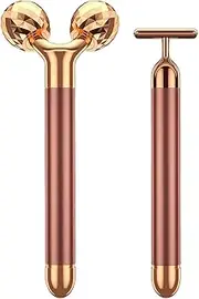 2-IN-1 Beauty Bar 24k Golden Pulse Facial Face Massager, Electric 3D Roller and T Shape Arm Eye Nose Head Massager Facial Roller Massager Kit Skin Care Tools
