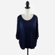Tahari Navy Blue 3/4 Cut Out Sleeve Top Rayon Blend Stretch Size L NEW