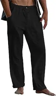 [LVCBL] Men's Linen Pant Casual Straight Leg Lightweight Mens Pants Cropped Trousers Baggy Sweatpants Yoga Pants with Pockets