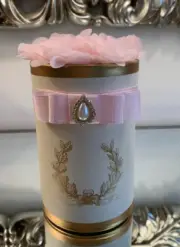 beautiful cylinder gift box With Gold Trim /Pink Ribbon Flower 5.5”x3.5”