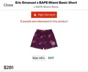 Eric Emanuel x BAPE Miami EE Basic Short Purple Size Large [L] NWT
