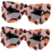 [FRCOLOR] 2Pcs Leopard Print Plush Cat Eye Sunglasses for Women Furry Shades Unique Masquerade Party Accessories Lightweight Travel Friendly Eyewear