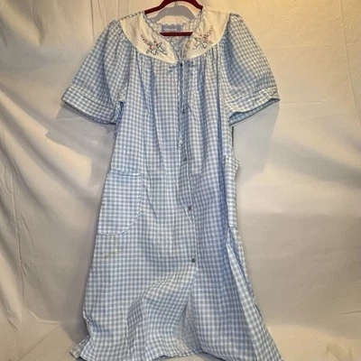 Coffee Time Gown Duster w/ Snaps House Coat Dress Blue with Flowers 2XL Gingham