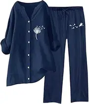 [Gaexia] Plus Size Two Piece Outfits for Women Long Sleeve Button Down Shirts and Drawstring Wide Leg Pants Loose Lounge Set