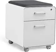 Poppin Mobile Mini Sittable Stow Rolling File Cabinet - White & Light Gray w Dark Gray Seat Cushion. Two Locking Drawers & One Key Lock. Two Keys Included. One Utility Drawer & One Hanging File Drawer