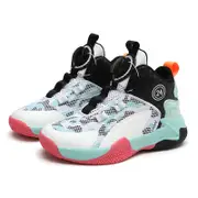 Rotating Automatic Buckle Elastic Laces Children's Basketball Shoes Breathable Mesh Cushioned Non-Slip Kids Sneaker for Running, Walking Outdoor Sports - White & Blac