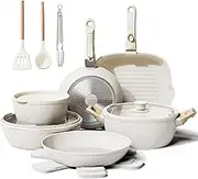 Bazova 19 Pcs Pots and Pans Set Non Stick Ceramic Cookware Set with Removable Handles, Non Toxic Induction Kitchen Cookware Sets RV Cookware,Dishwasher/Oven Safe PFAS/PTFE/PFOA Free Cream White