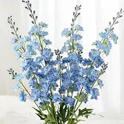 JINWOE 4Pcs Blue Delphinium Artificial Flowers, 34'' Lifelike Faux Larkspur Silk Flowers,Long Stem Fake Delphinium Plant Flower for Tall Floor Vase Outdoor Bouquet Home Table Kitchen Decor
