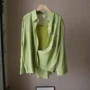 Long-Sleeve Collared Plain Shirt / Plain Cami Top Shirt Without Camisole - Dark Green - One Size