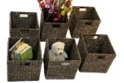BROWN 6 Woven Hyacinth Cube Storage Bin Basket Organizer with Handles