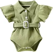 [Generic] Leotards for Young Girls Toddler Kids Infant Girls Cute Ribbed Flare Short Sleeves Romper Jumpsuit Belt Cloths Girls Leotards (Green, 6-12 Months)